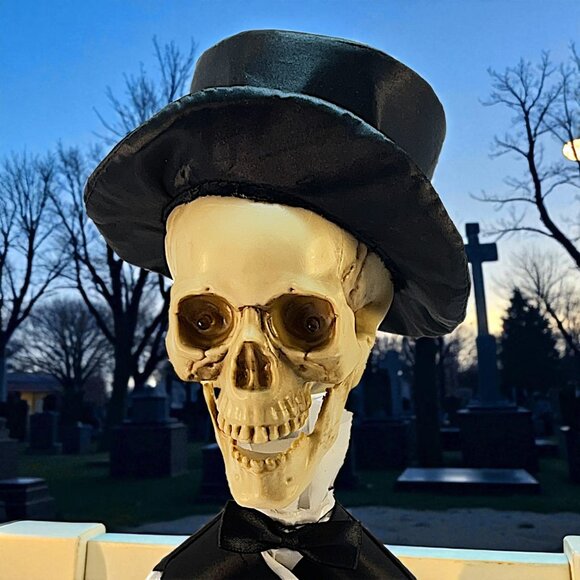 Animatronic Halloween Skeleton With Top Hat And Red Glowing Eyes 15" Tall Sittn' - Picture 2 of 8